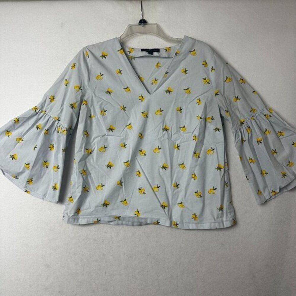 Banana Republic shirt women M Lemon‎ Bell Sleeve Top Blue and Yellow fluted